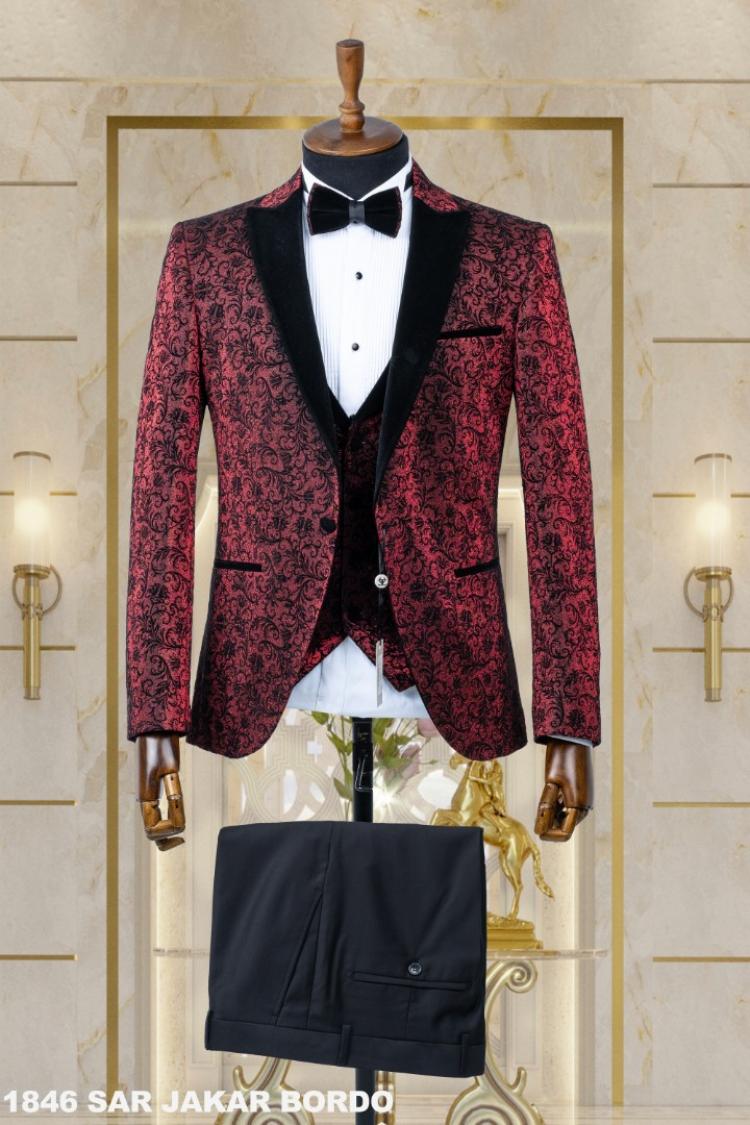 Jacquard Men's Wedding Suit Claret Red