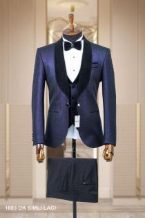 Jacquard Men's Wedding Suit Navy Blue