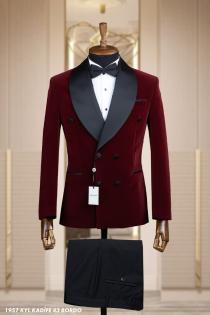 Double Breasted Men's Groom Suit Claret Red