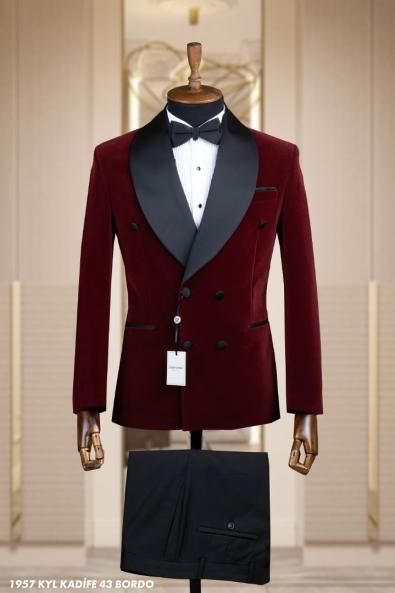 Double Breasted Men's Groom Suit Claret Red