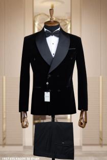 Double Breasted Men's Groom Suit Black