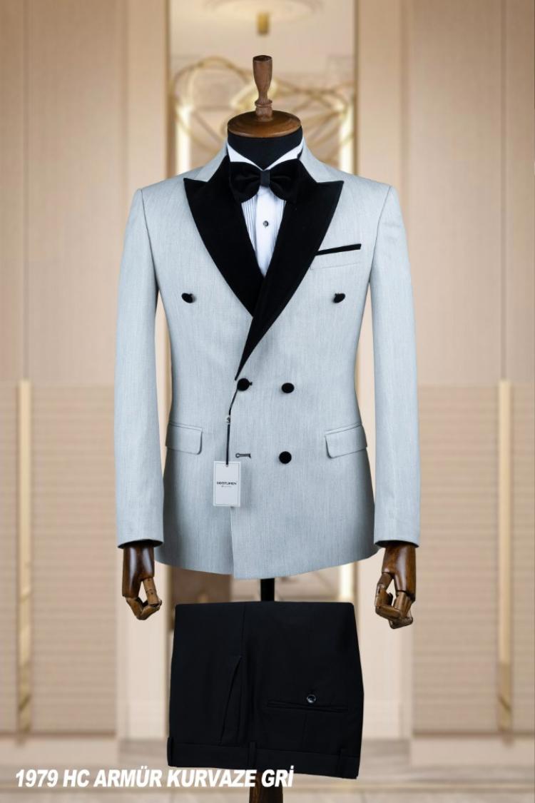 Double Breasted Men's Wedding Suit Gray