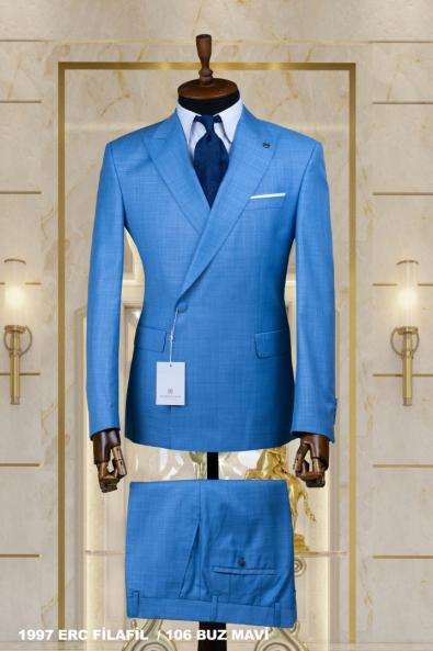 Double Breasted Men's Suit Ice Blue